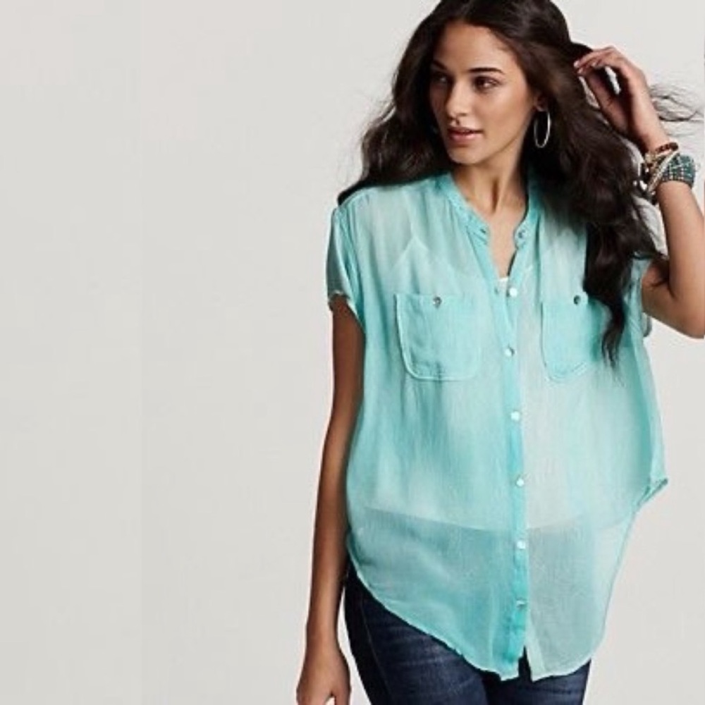 Free People Sheer Aqua Button-Up Blouse